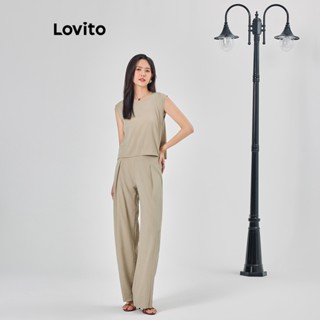 Lovito Casual Conunto Feminino Liso de Calça Plissada L68ED312 (Cáqui)