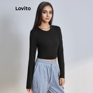 Lovito Casual Lisa Camiseta Feminina de Manga Longa L64AD098 (Preta)