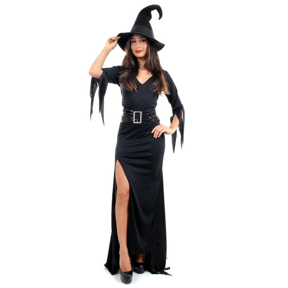 Fantasia Bruxa Preta Magic Vestido Adulto Longo Halloween