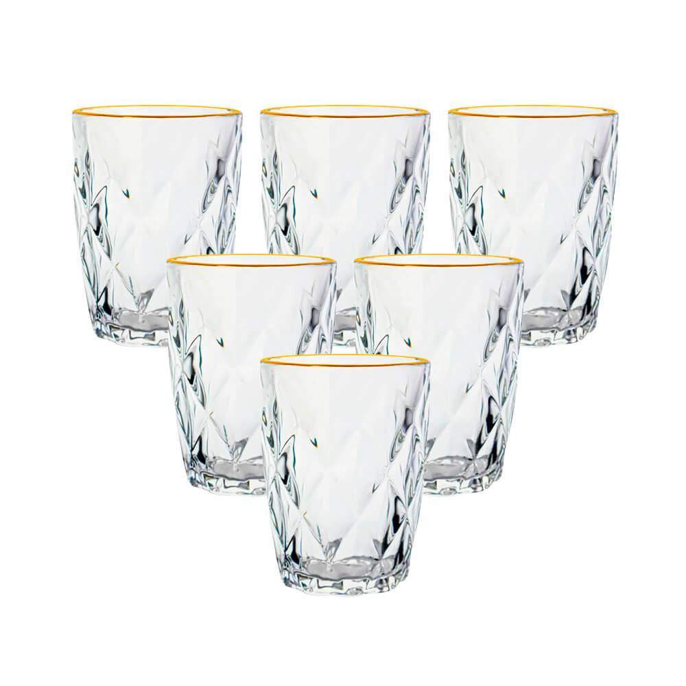 Conjunto De Copos De Vidro Diamond Fio De Ouro 270ml 6 Peças - Lyor