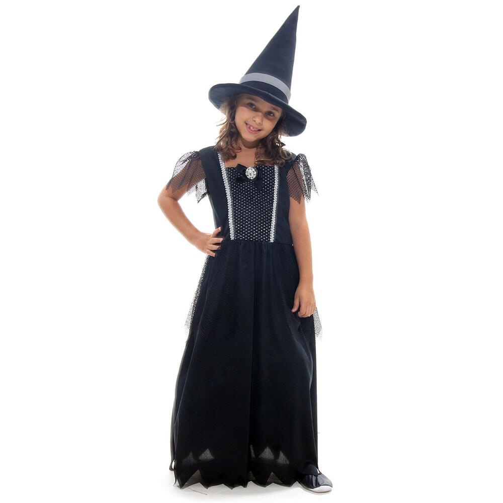 Fantasia Bruxa Preta Luxo Vestido Longo Infantil Com Chapéu - Halloween
