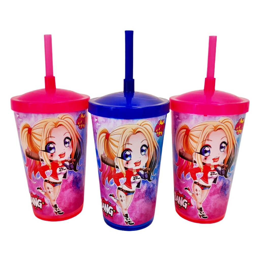 Lembrancinhas Arlequina Cute 5 Copos Com Canudo Decoração Festa Arlequina Cute - Copo Twister 500 ml Lembrancinha