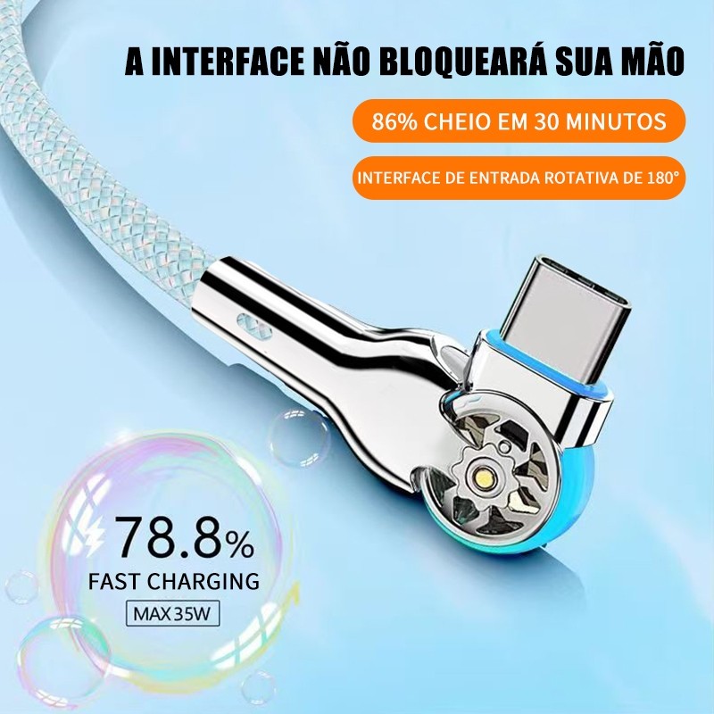 Cabo Carregador Carregamento rápido 1 Metro Tipo C Para Tipo C 180 ° Rotação Conector Nylon Trançado