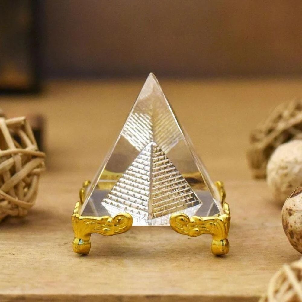 Pirâmide Do Egito Cristal De Vidro Base Dourada Ornamental
