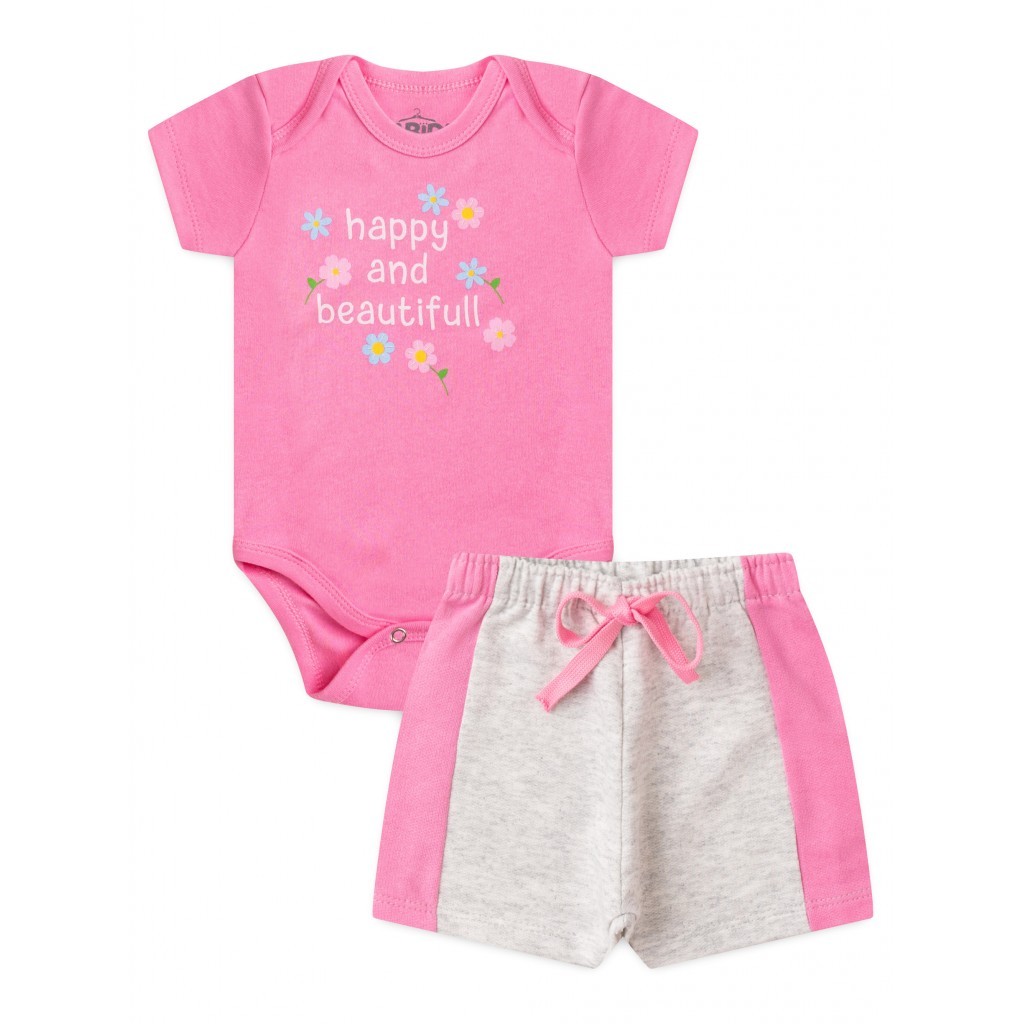 Conjunto Bebê Menina Body e Shorts Moletinho Happy