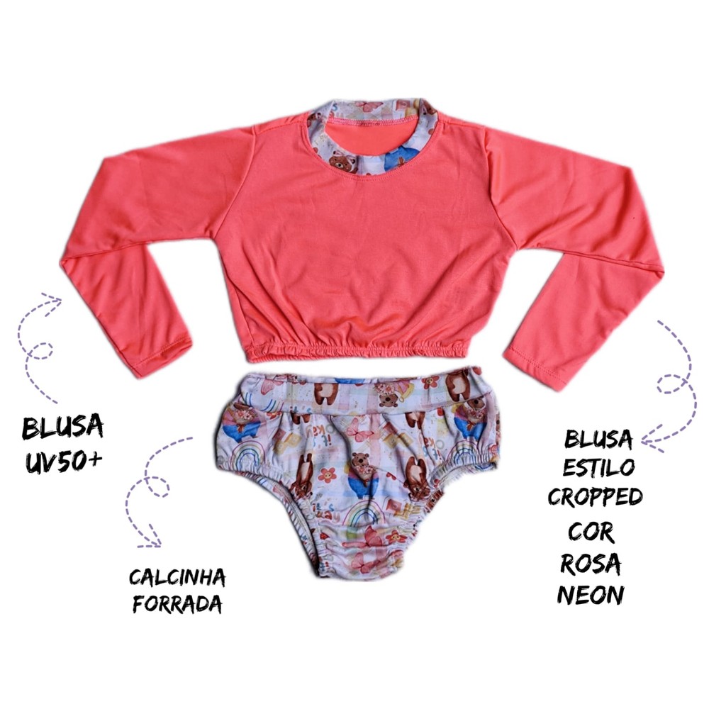 Biquíni de Praia Infantil Menina Proteção UV50 Feminina Conjunto Blusa e Calcinha 4 ano 8 anos