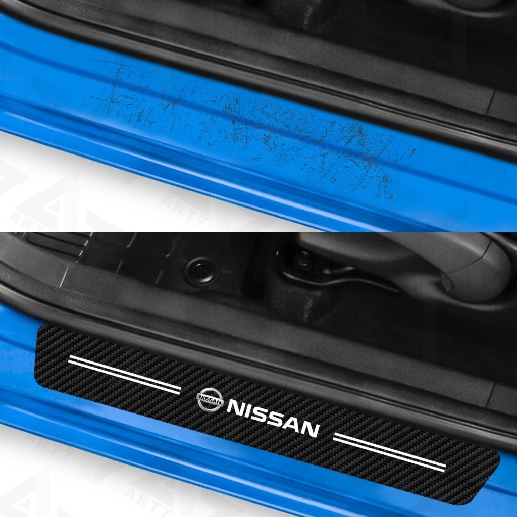 Kit 4 Peças Adesivo Soleira de Porta Carro Modelo Nissan Proteção Fibra de Carbono Anti Arranhões