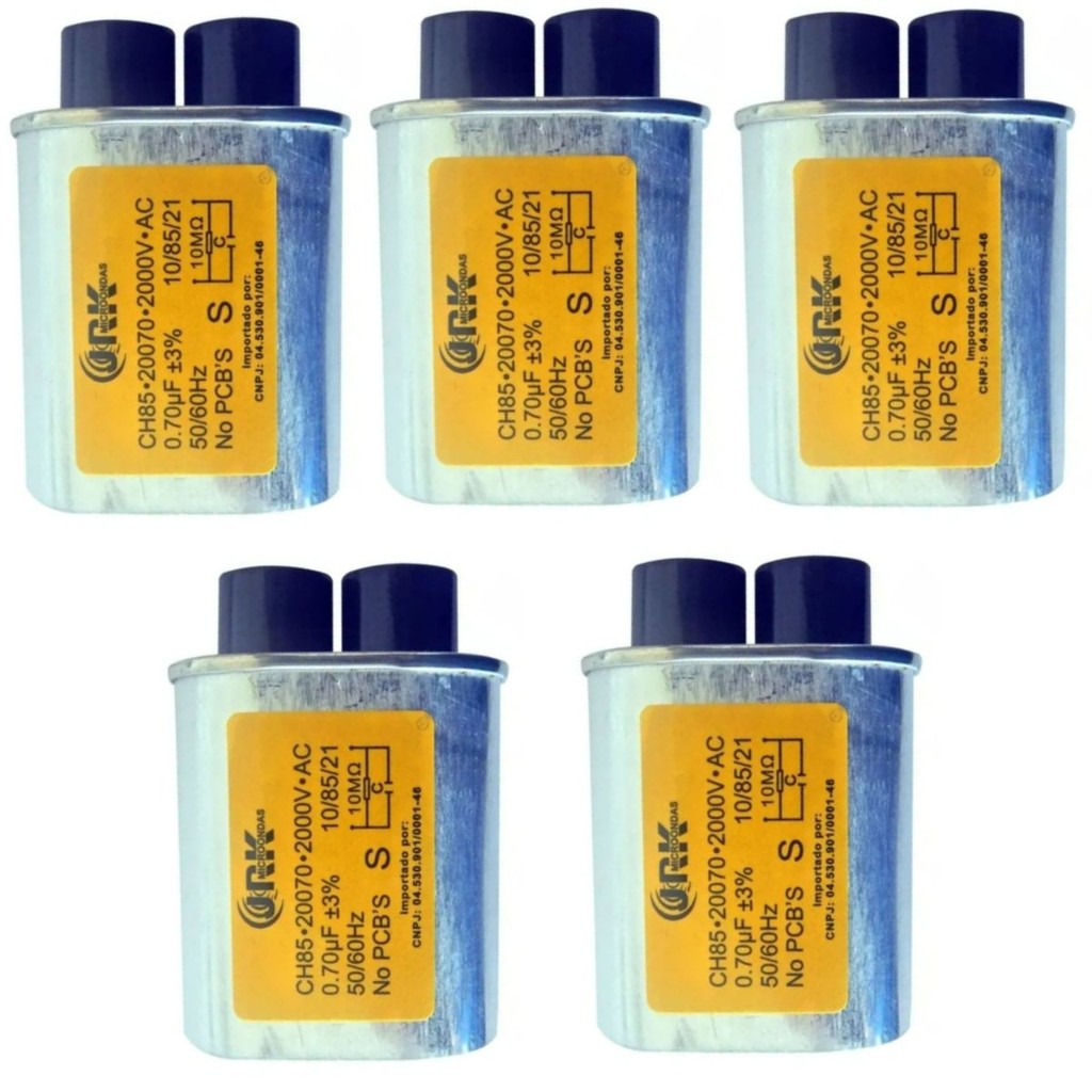 Kit 5 Capacitor Microondas 0,70uf 2000v 2x2 terminais finos