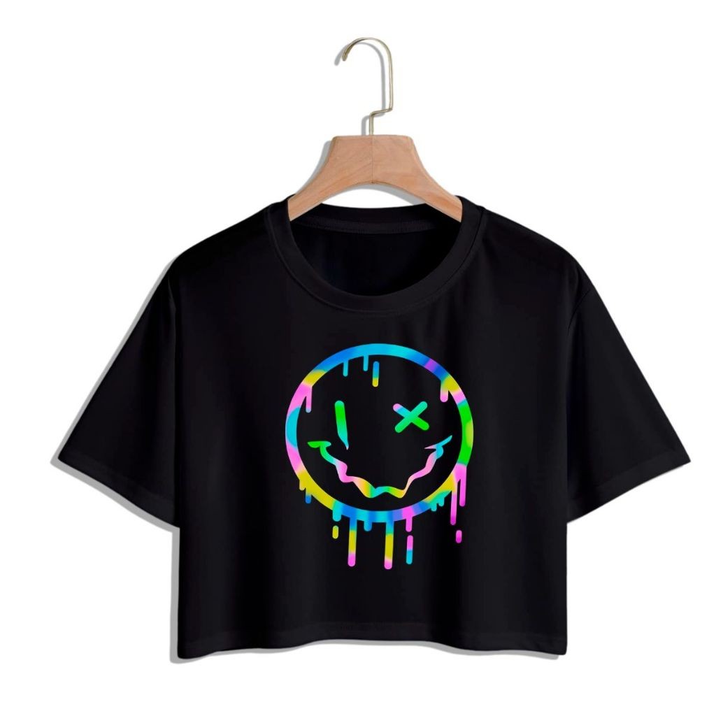 Cropped Oversized Emoji Colorido Básico Estiloso Moda Feminina Estilo Básica Algodão Delicada