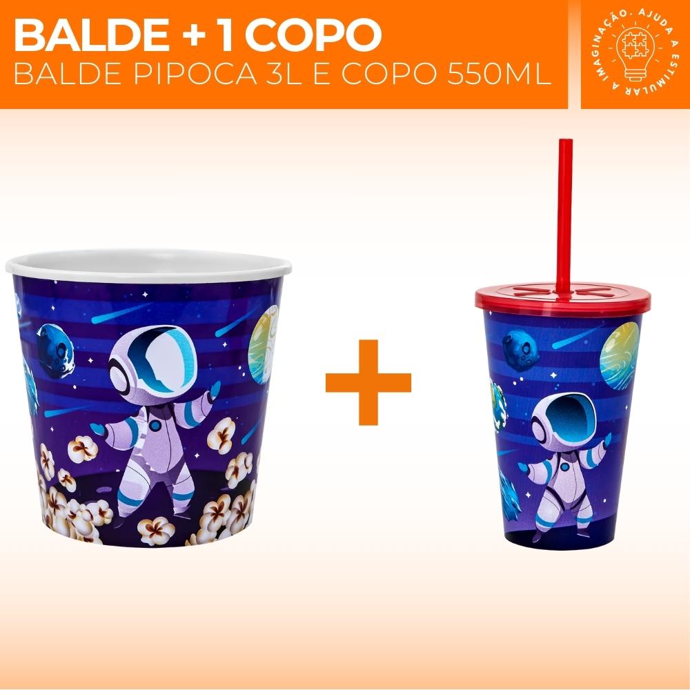 Balde de Pipoca 3L + 01 Copo 550ml Com Tampa Reta Canudo