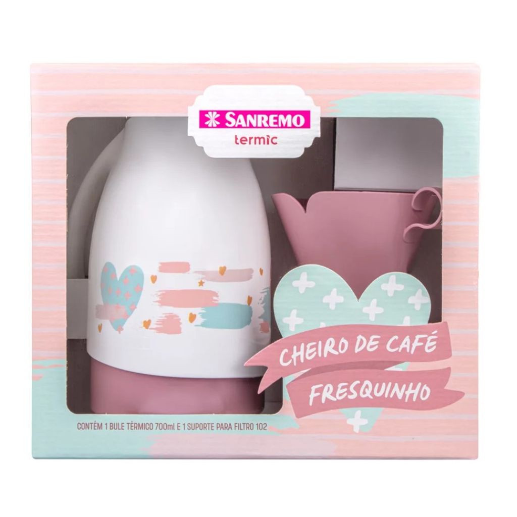 Kit Bule Térmico Plástico 700ml e Suporte para Filtro de Café 102 Branco e Rosa Termic Sanremo