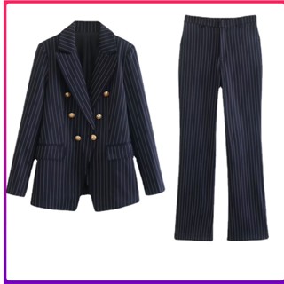 Zara Blazers Fato de Fato Novo Estilo Feminino Colarinho de Fato com Listras Verticais Fato com Botão de Metal Impresso8151424+ Calça de cintura alta reta