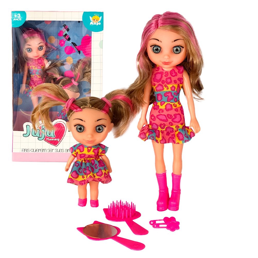 Boneca Juju Mommy Mamãe E Filhinha Com Acessórios Mãe e Filha Com Escova Cabelo Brinquedo Infantil Menina Rosa
