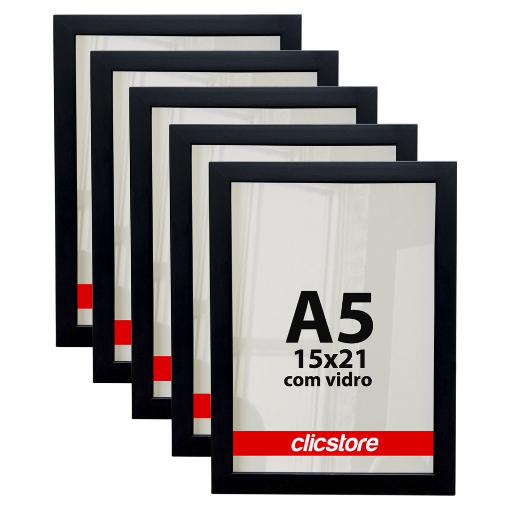 Kit 05 Molduras A5 15x21Cm Com Vidro e Fundo Para Quadros Diplomas Certificados Fotos