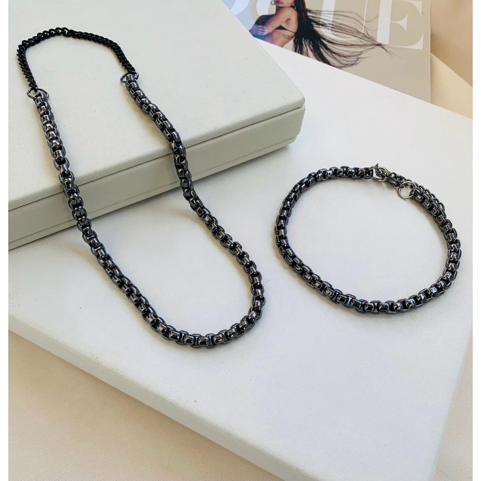 Conjunto Colar e Pulseira Veneziana a Ródio negro Semi Joia Verniz Italiano