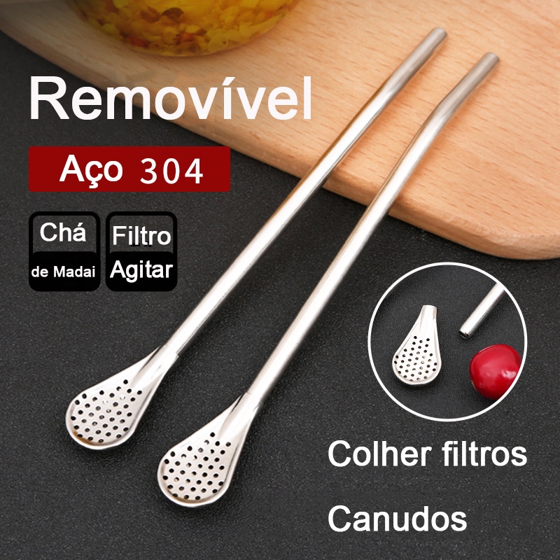 Colher De Canudo De Aço Inoxidável 304 Reutilizáveis Metal Com Canudos