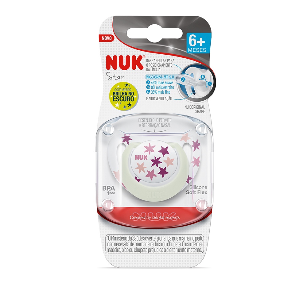 CHUPETA NUK FASE 2 ACIMA DE 6 MESES STAR GLOW GIRL SILICONE ORTO BRILHA NO ESCURO