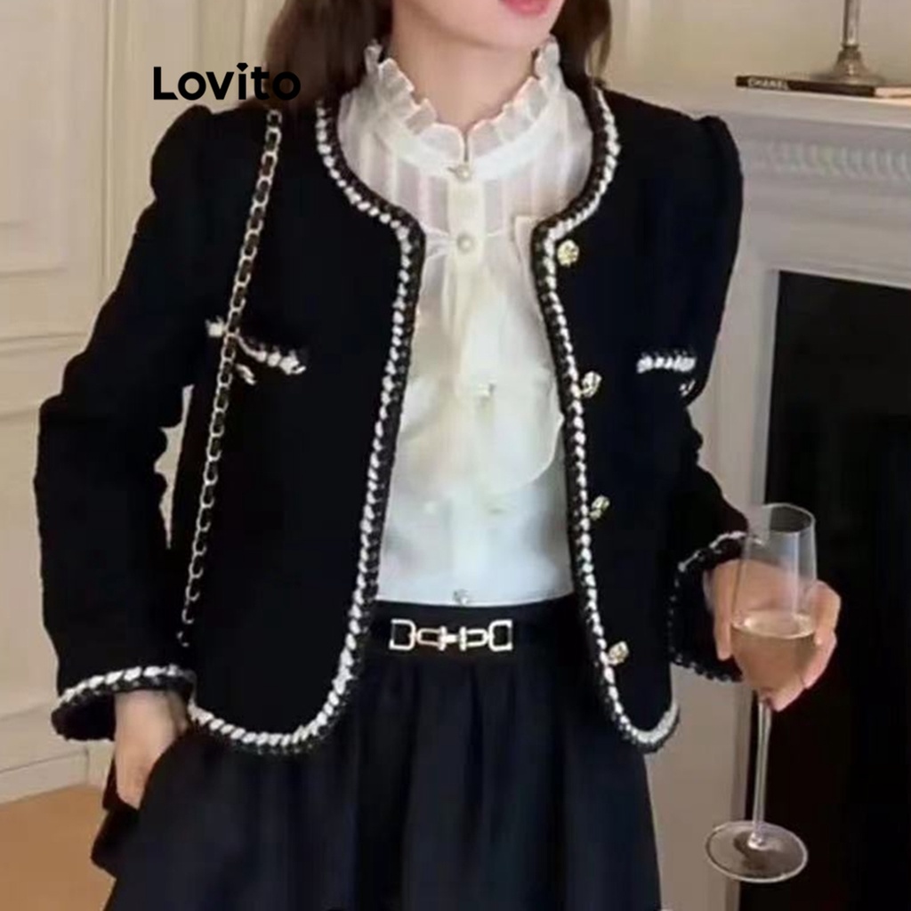 Lovito Blazer Casual Com Bolso Liso E Encadernação Contrastante Para Mulheres LNA29012 (Preto) - Women Clothes