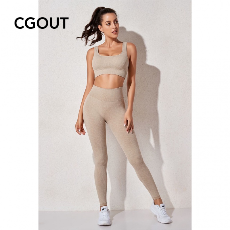 Imagem Conjunto Canelado Academia Feminino Ioga Sem Costura Top e Leggings Moda Canelado Cropped Roupa