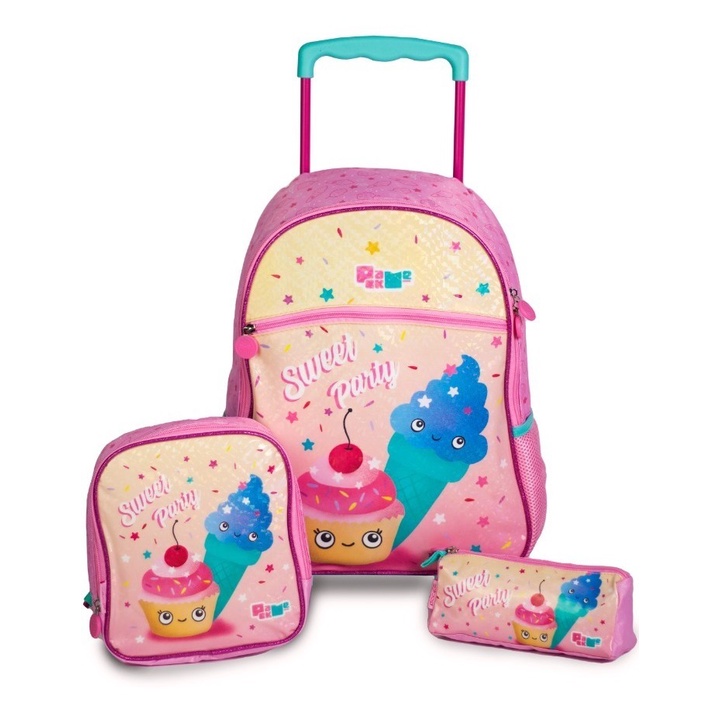 Kit Mochila Rodinha Lancheira Estojo Infantil Sorvete Menina