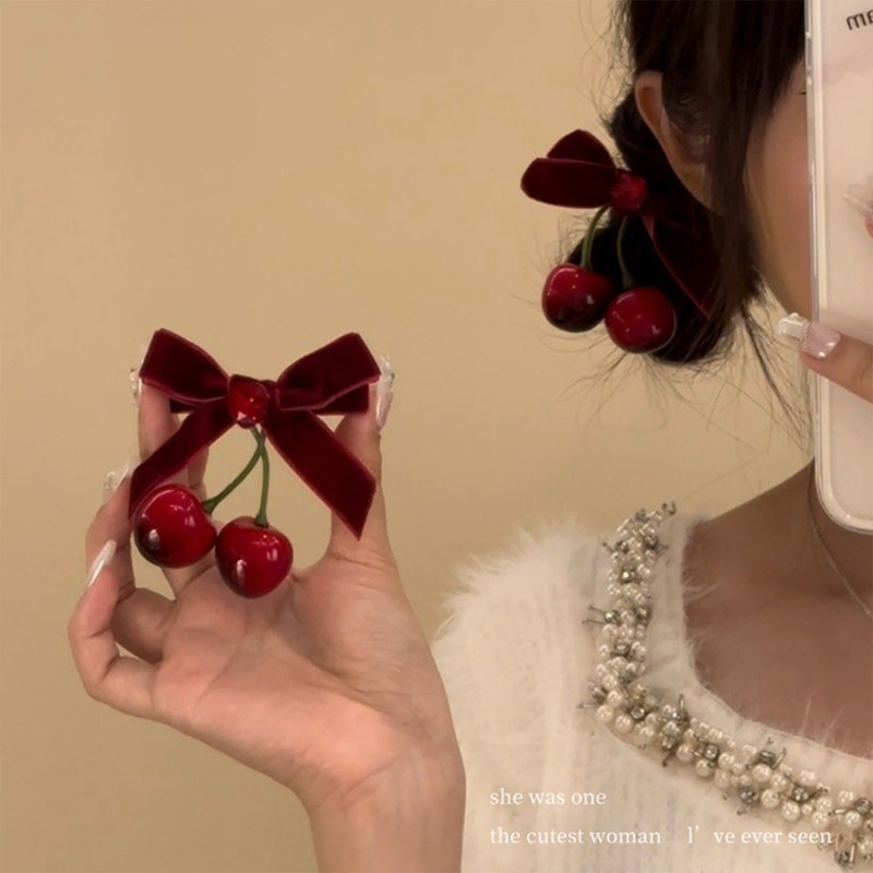 Estoque Pronto Mulheres Meninas Nó De Cereja Vermelho Clipes De Cabelo Headwear Hair Aceesory