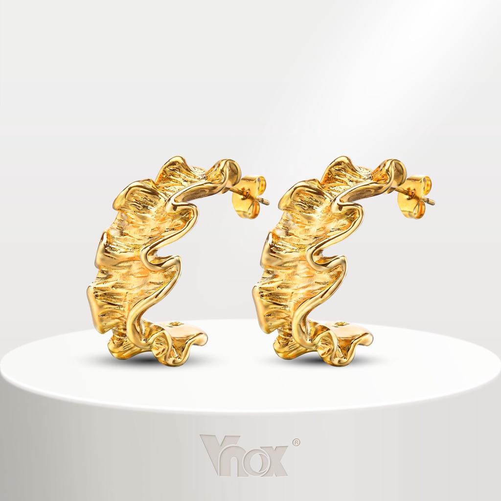 Vnox Unique Ins Folds Em Forma De C Brinco De Cavilha Para Menina Feminina , Ouro 18K Irregular Aço Inoxidável Dangle