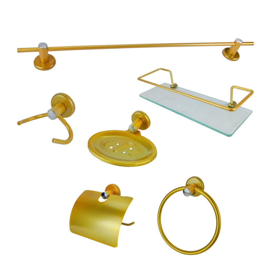 Kit Acessórios Para Banheiro Aço Inox 6 Peças Com Porta Shampoo Vidro Reto Dourado Cód. 4075