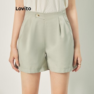 Lovito Casual Shorts Feminino Liso Plissado com Bolso L68ED091 (Cáqui/Preto)