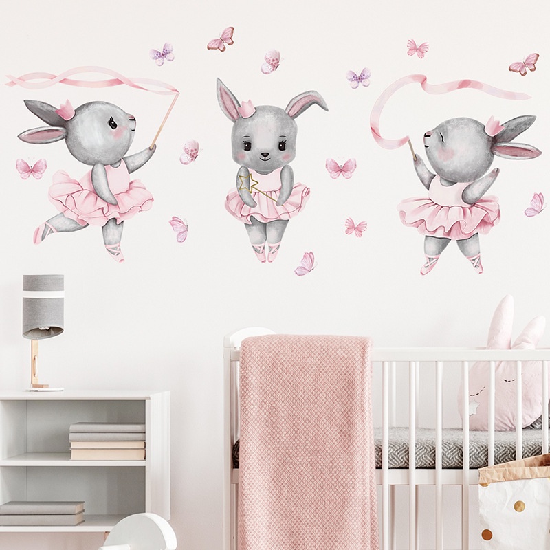 Autocolantes de Parede, Autocolantes de Parede de Coelho Cinza, Autocolantes de Parede de Borboleta Rosa, Decoração de Parede de Quarto Infantil ins Style