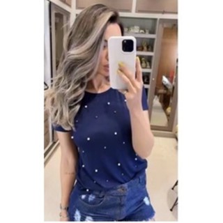 T-shirt Blusa Basica Lisa Feminino Com Perolas com elastano