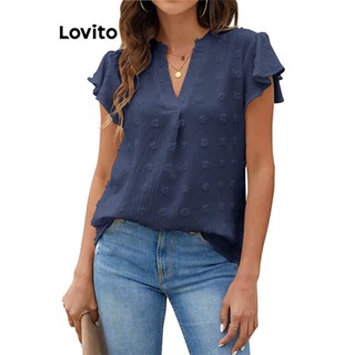 Lovito Blusa Casual Simples Com Babados Para Mulheres LNL37012 (Branco/Azul Marinho/Preto)