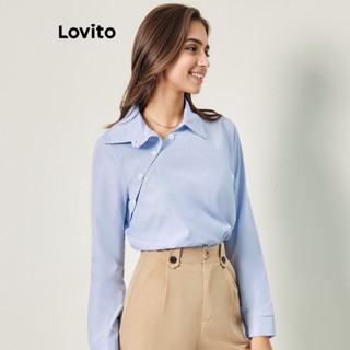 Lovito Casual Blusa Feminina Listrada Assimétrica com Botão L68ED002 (Azul Claro)