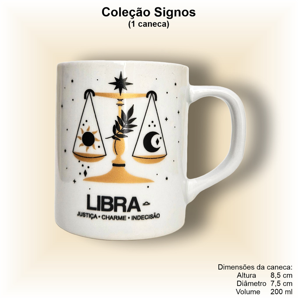 Imagem Caneca de porcelana, reta, decorada, 200 ml, xícara, café, chá, signo LIBRA - 1 caneca