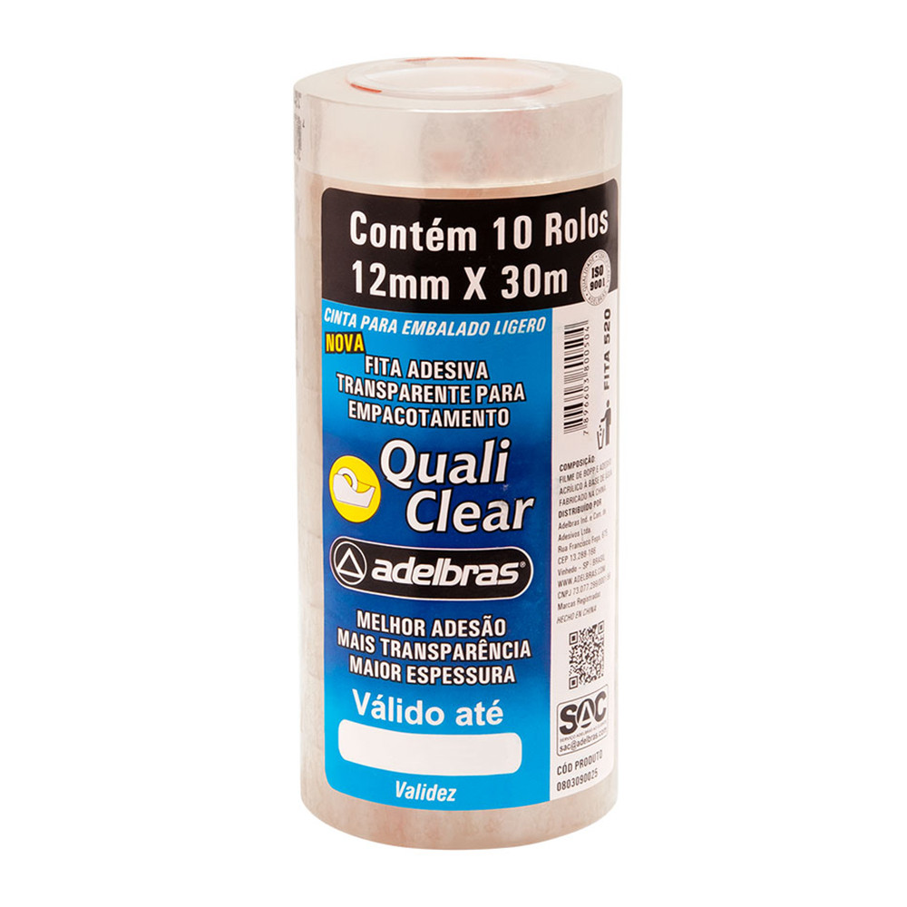 Fita adesiva transparente 12mmx30m 520 com 10 rolos Adelbras	