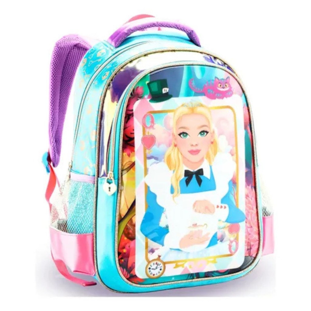  Mochila Costas Alice Baralho Infantil Escolar Creche Azul Denlex