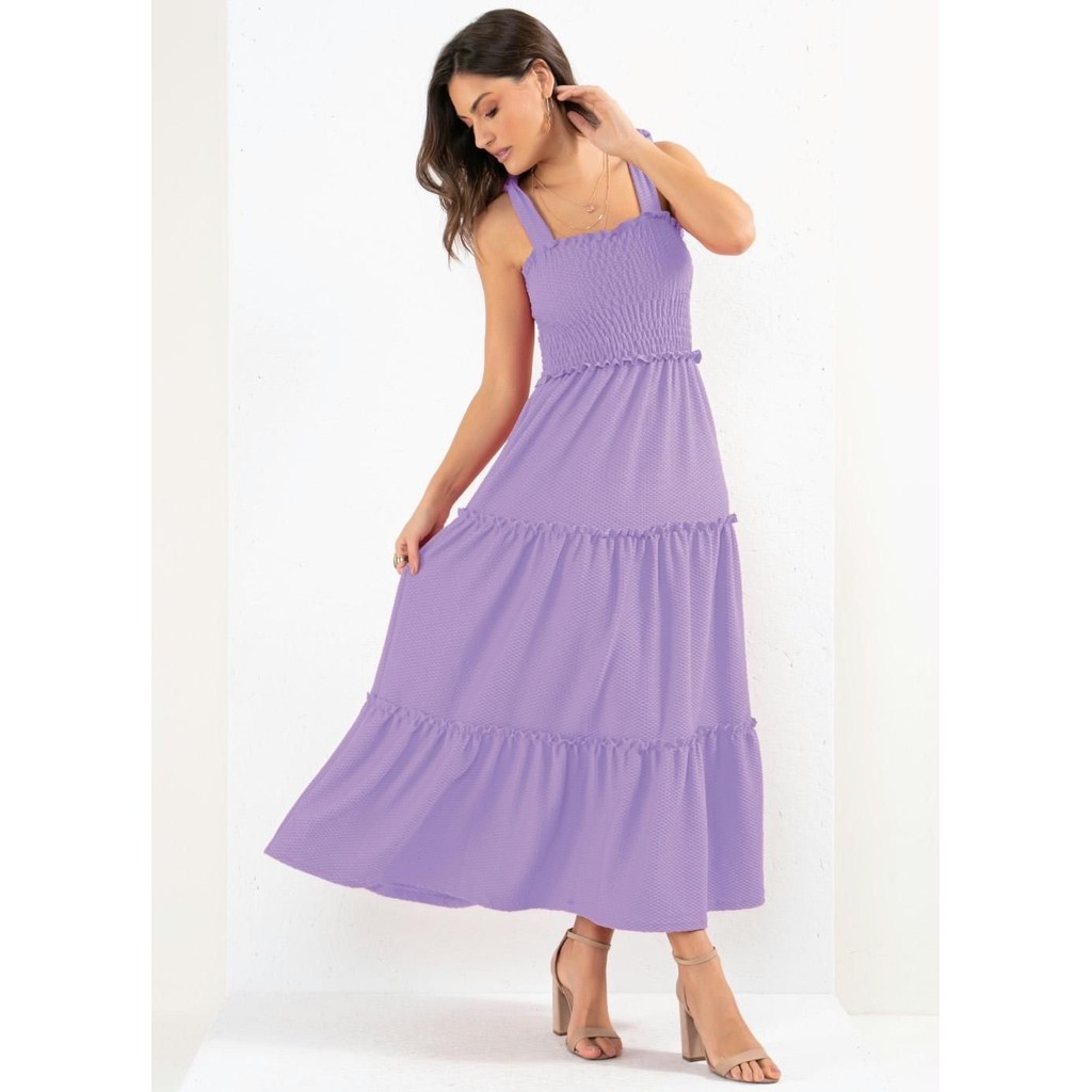 Vestido Com Babados E Alças Para Amarrar Roxo Quintess em Oferta na Shopee