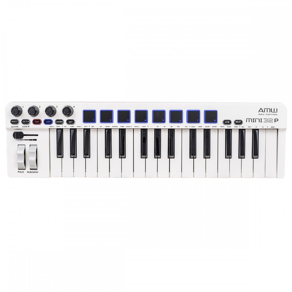 AMW Mini 32 PAD White Teclado Controlador Midi 32 Teclas 8 PADs Arp Chord Hi End