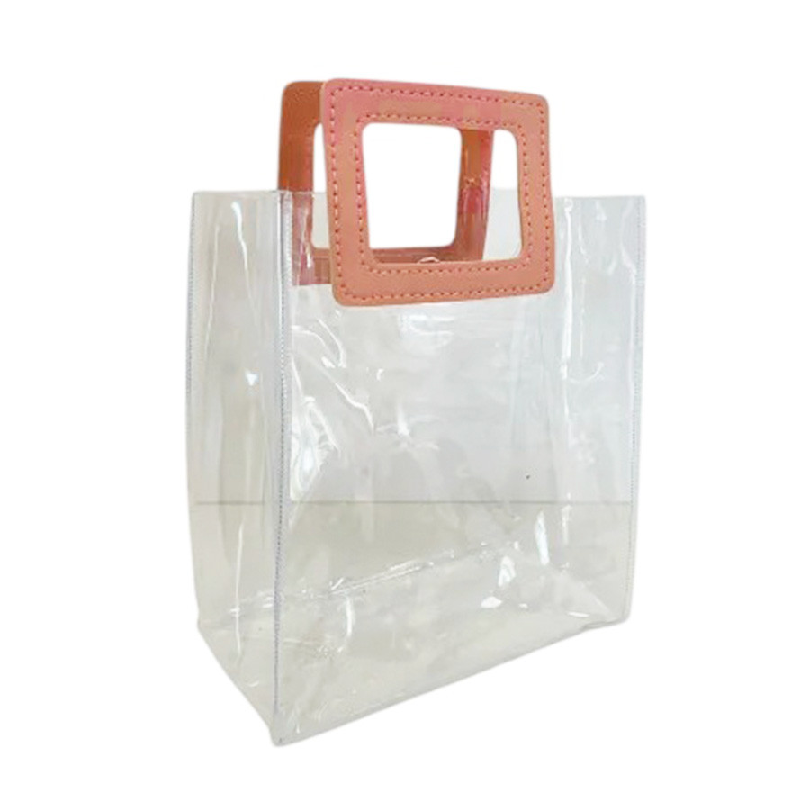Sacola Transparente PVC com Alça Quadrada de Couro Rosa - 26x22x12cm - 1 unidade - Rizzo - Home & Living