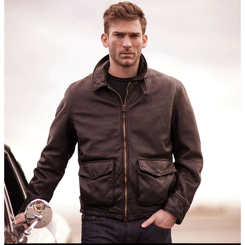 [Comandante Armado] Jaqueta de couro genuíno de pele de cordeiro macia importada de primeira camada masculina lapela bol