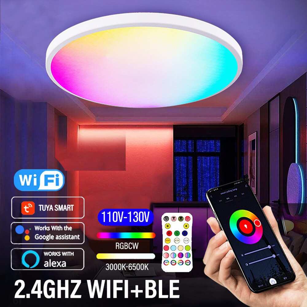 Tuya Wifi LED, Uma Lâmpada De Teto Inteligente 24W, Ajuste De Luz, Economia De Energia E Controles Remotos Com Som Para Decorar O Teto Da Sala De Estar 110V-130V