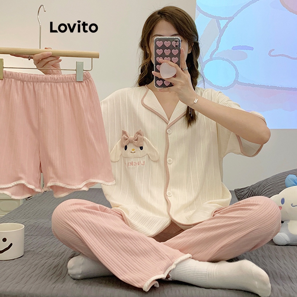 Lovito Casual Conjunto de Pijama Feminino de Desenho com Botão LNA24087 (Multicor)
