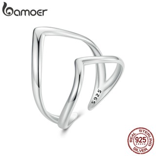 Bamoer 925 Sterling Sliver Ring V Em Forma De Anel De Fita Dupla Camada Presentes De Moda Para Mulheres