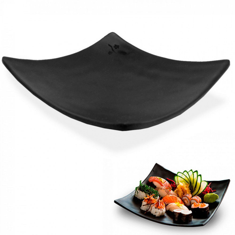 Prato Quadrado Côncavo 15 Cm para Sushi em Melamina / Plástico Preto