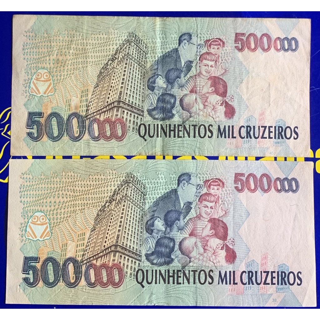 2 Cédulas 500,000 Mil Cruzeiros Banco Central do Brasil Raras Brasil Antigas Coleção Linda Cédulas