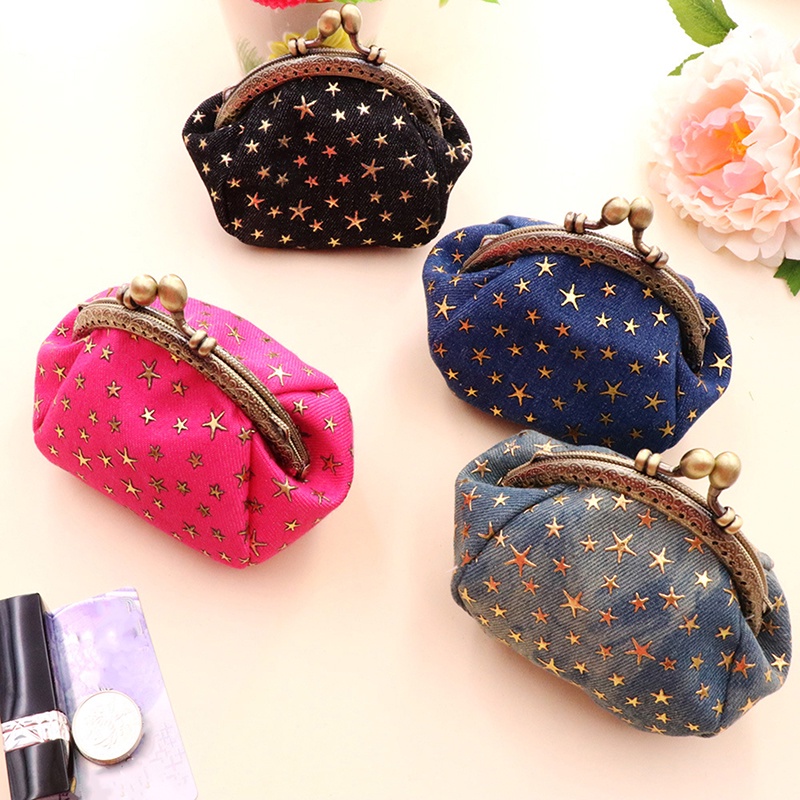 Bolsa De Moedas Jeans Carteira Pequena Para Mulheres Mão Com Fecho De Tecido Moldura De Metal Vintage Kiss Lock Chaves C
