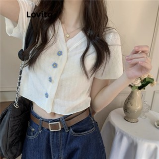 Lovito Casual Camiseta Feminina Lisa com Botão LNA27392 (Branco/Preto)