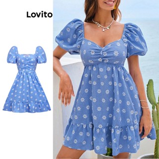Lovito Boho Vestido Feminino Floral Franzido de Manga Bufante com Bainha de Babados L71ED182 (Azul)