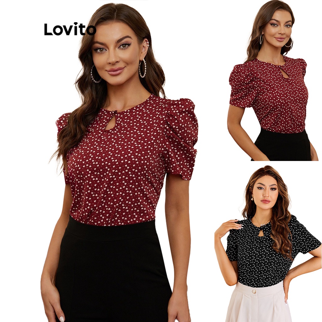 Lovito Blusa Feminina Elegante Floral com Manga Bufante Decote Redondo Confortável L17D106 (Vermelho)