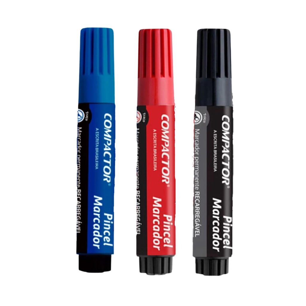 Pincel Marcador Compactor Colorido Azul Vermelho Preto C/12