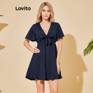 Lovito Vestido Casual com Laço Frontal Simples para Mulheres LBL06064 (Azul)